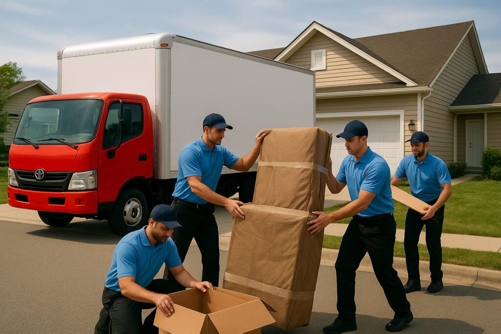 عمال نقل عفش في الكويت يحمّلون صناديق وأثاث في شاحنة حمراء أمام منزل