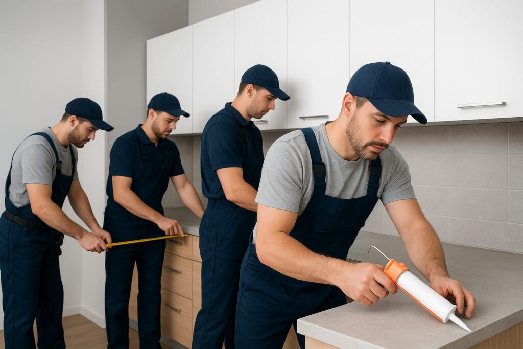 فني تركيب مطابخ بالكويت يعمل على التركيب الاحترافي للمطابخ، مع التركيز على الدقة في القياسات واستخدام المواد المناسبة.