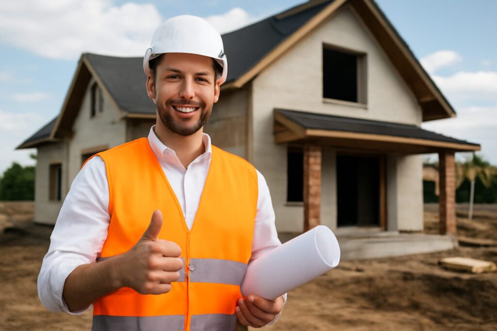 رجل مبتسم بخوذة وسترة أمان يحمل مخطط أمام منزل قيد البناء، فريق بيت الخليج للمقاولات العامة بالكويت، البناء والترميم والطابوق.
