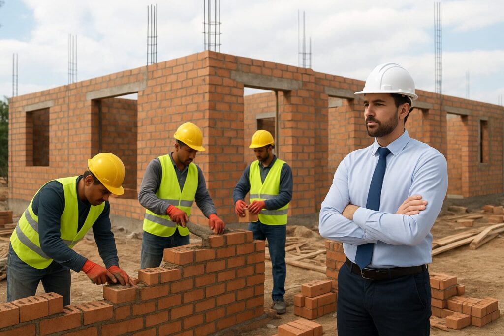 رجل بخوذة يشرف على عمال تركيب الطوب، فريق بيت الخليج للمقاولات العامة بالكويت، تنفيذ مشاريع البناء والترميم بدقة وجودة.