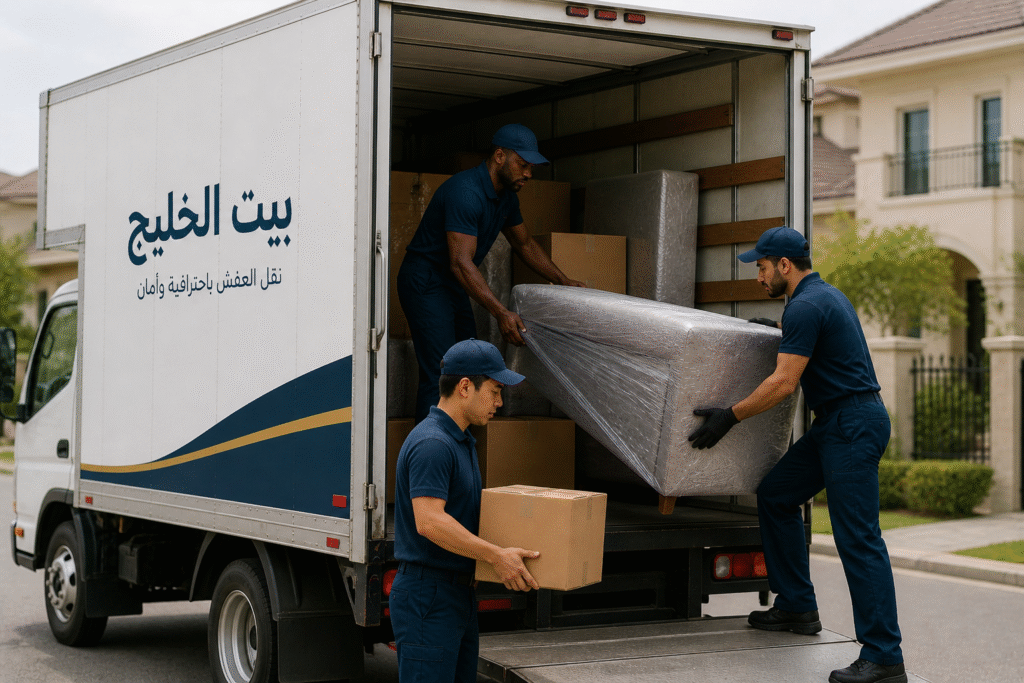تحميل الأثاث داخل شاحنة بيت الخليج المجهزة للنقل في جميع مناطق الكويت