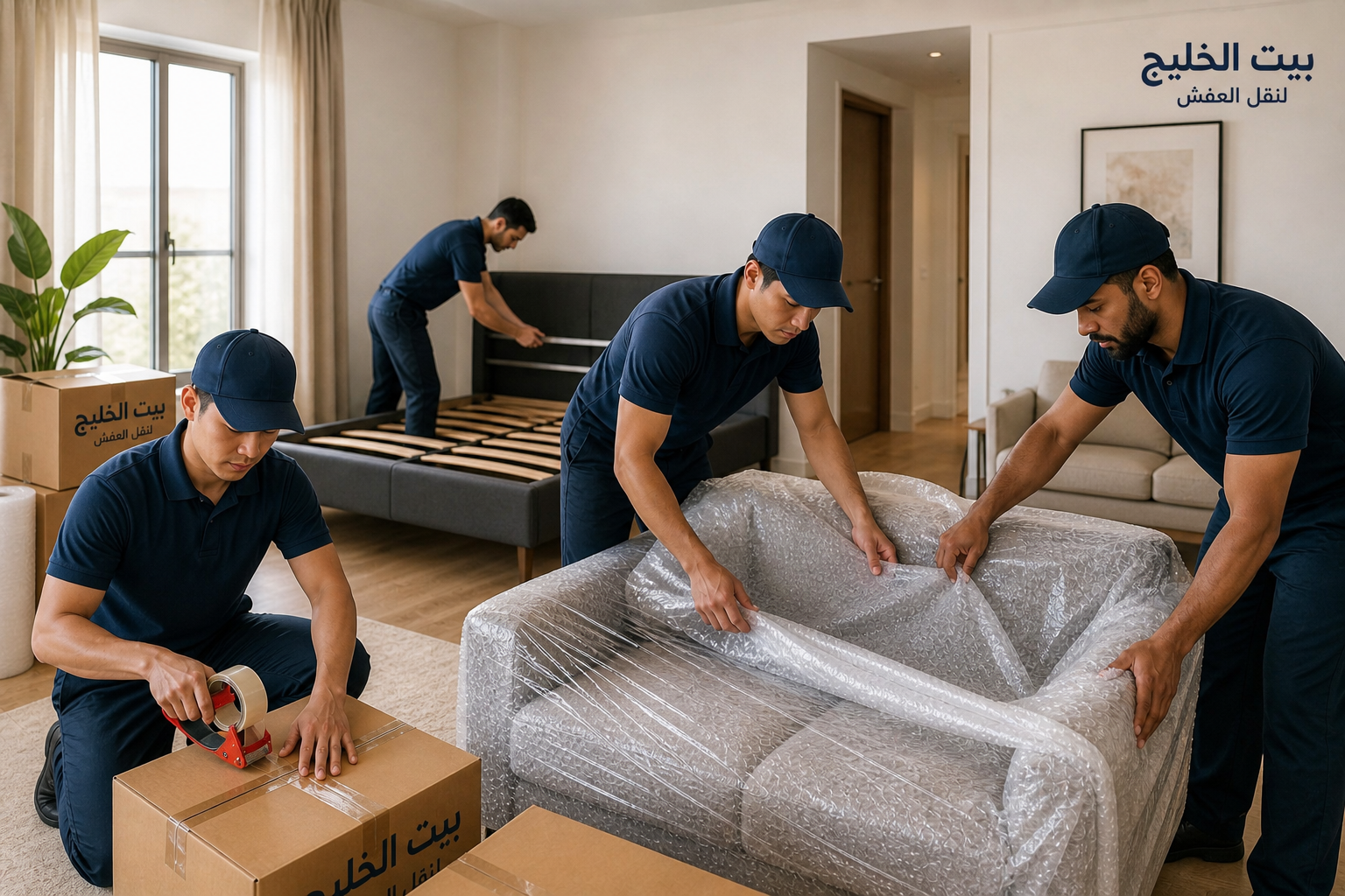 شركة نقل عفش الكويت من بيت الخليج أثناء فك السرير وتغليف الكنب وتجهيز الكراتين داخل الشقة