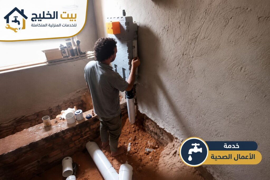 فني صحي الكويت من بيت الخليج أثناء تنفيذ تمديدات الصرف الصحي وتركيب المواسير داخل المنازل بأعلى معايير الجودة والدقة