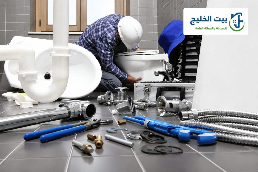 تركيب قاعدة مرحاض جديدة داخل حمام بواسطة فني سباكة محترف مع تجهيز أدوات السباكة والصيانة من بيت الخليج لخدمة صحي جمعية صباح سالم