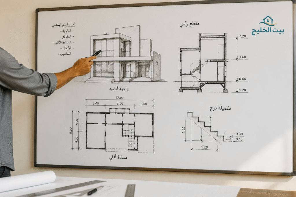 مدرس رسم هندسي بالكويت يشرح للطلاب أساسيات الرسم والتصميم الهندسي على السبورة