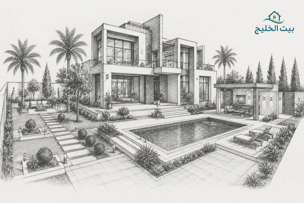 تصميم فيلا بمخطط ورسم هندسي معماري احترافي في الكويت