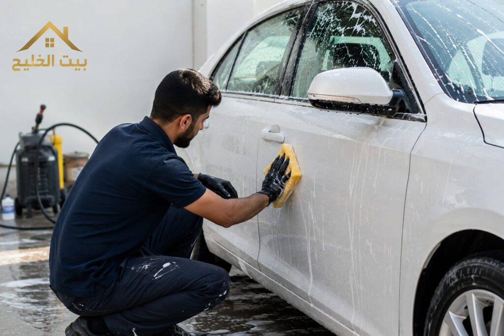 عامل من بيت الخليج يزيل الأوساخ بإسفنجة احترافية ضمن خدمة غسيل سيارات متنقل بالكويت.