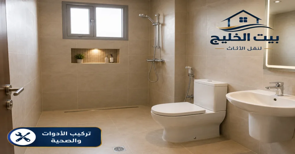تشطيب حمام حديث بعد تركيب الأدوات الصحية بالكامل مع تنفيذ أعمال السباكة باحتراف وتشغيل المرافق بجاهزية تامة من بيت الخليج لخدمات الفني الصحي في الكويت