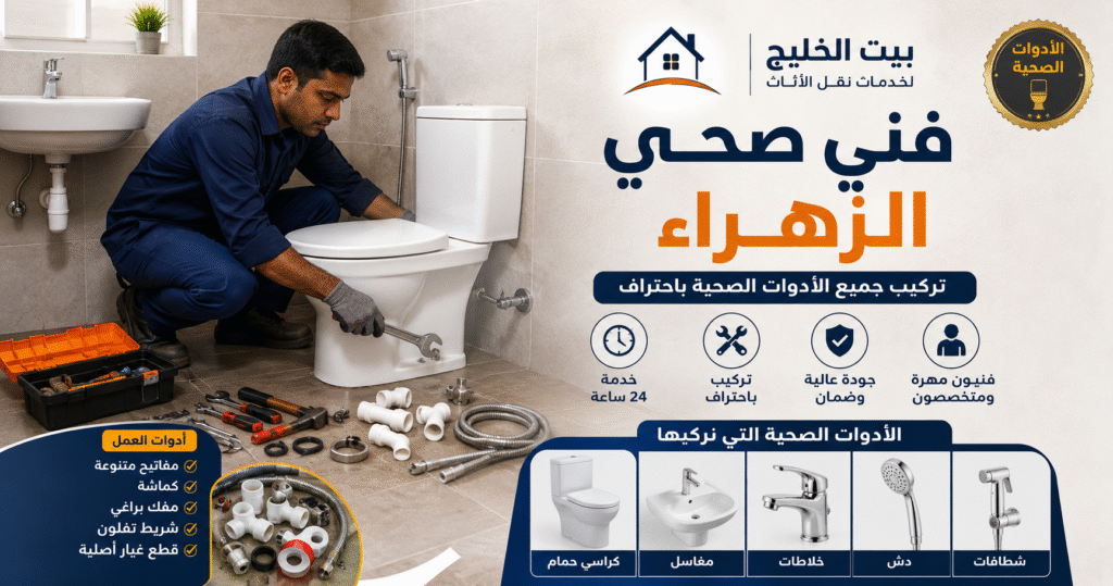 فني صحي الزهراء من بيت الخليج يقوم بتركيب الأدوات الصحية باحتراف داخل المنازل، خدمة صحي جمعية الزهراء 24 ساعة تشمل تركيب المغاسل والمراحيض والخلاطات والدشات وصيانة السباكة لجميع مناطق الزهراء في الكويت.