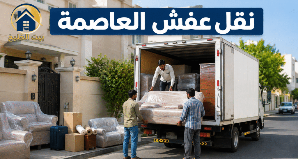 نقل عفش العاصمة بالكويت مع تغليف الأثاث وتحميله داخل شاحنة نقل العفش من بيت الخليج