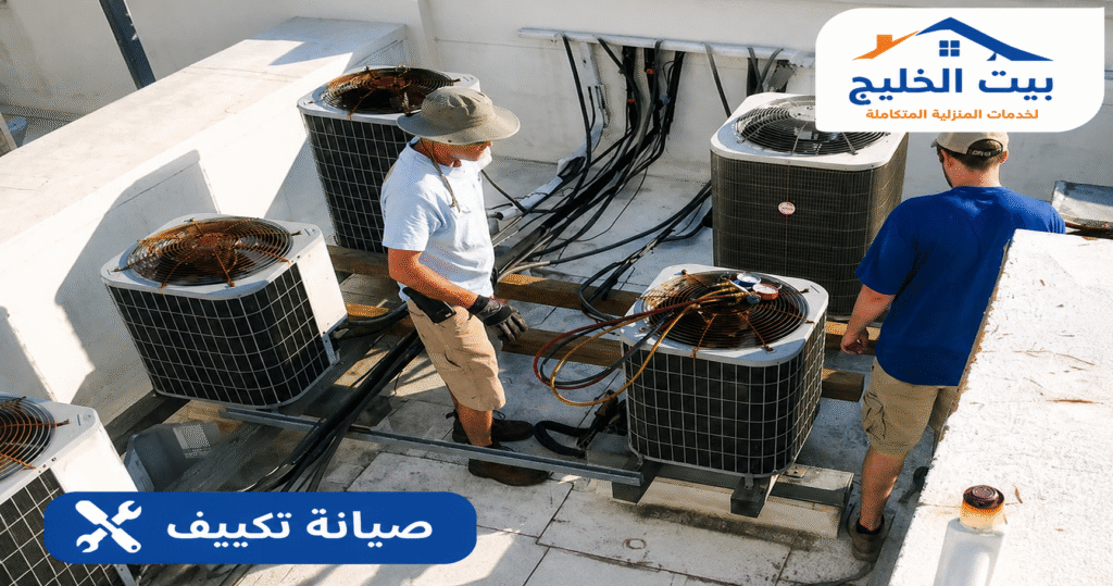 فريق فني متخصص في صيانة وحدات التكييف الخارجية وفحص أنظمة التبريد في الكويت من بيت الخليج