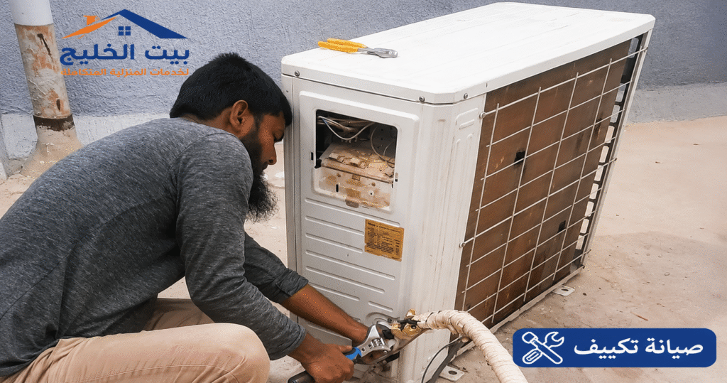 فني تكييف متخصص يفحص ويصلح وحدة التكييف الخارجية مع خدمات صيانة مكيفات في الكويت من بيت الخليج
