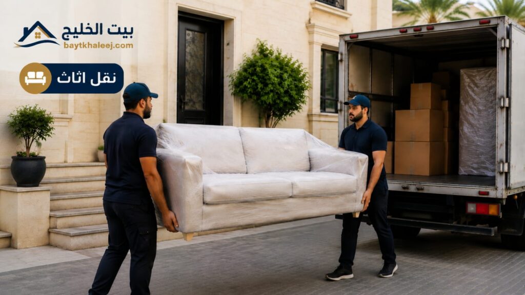 بيت الخليج تقدم خدمة نقل أثاث المنزل في جميع مناطق الكويت بواسطة فريق متخصص وهاف لوري مجهز لنقل الأثاث مع كراتين فارغة